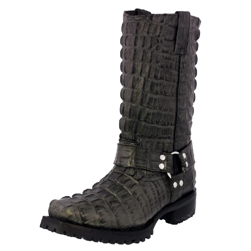 Men's cowboy boots with a snake - skin textureMens Gray Motorcycle Boots Crocodile Tail Print - Square Toe