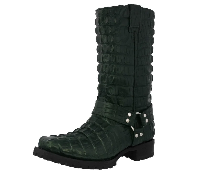 Men's cowboy boots with a spur ledgeMens Green Motorcycle Boots Crocodile Tail Print - Square Toe