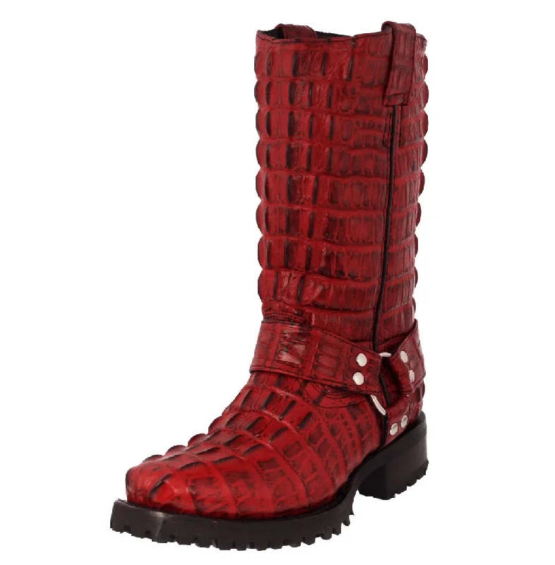 Western - style men's cowboy boots with intricate stitchingMens Red Motorcycle Boots Crocodile Tail Print - Square Toe