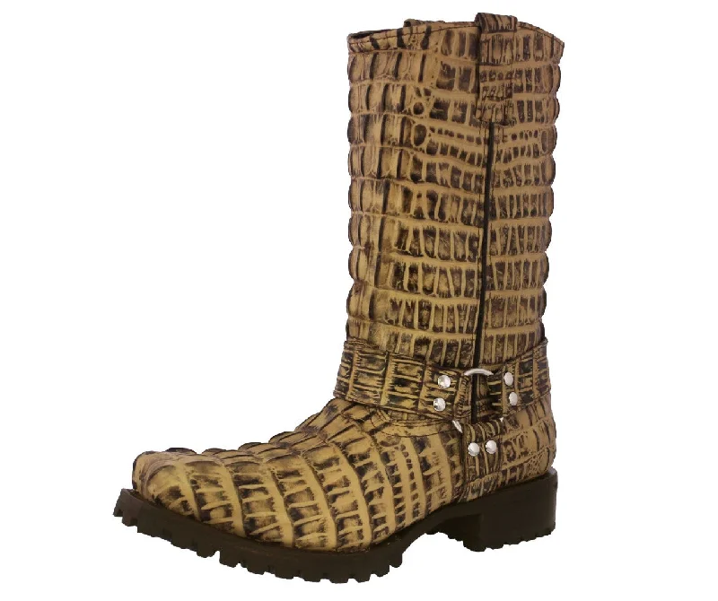 Vintage - style men's cowboy boots with a square toeMens Rustic Sand Motorcycle Boots Crocodile Tail Print - Square Toe