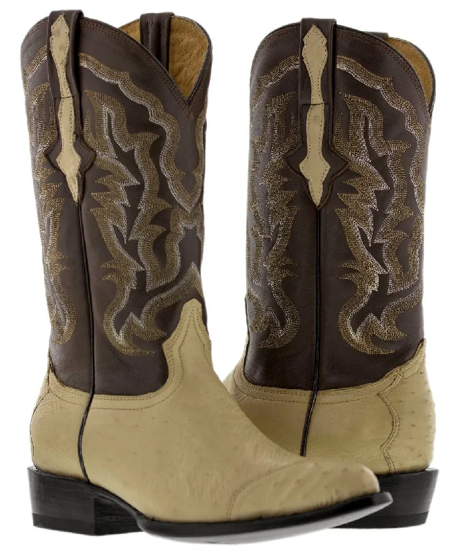 Men's cowboy boots with a scalloped edgeMens Sand Ostrich Skin Overlay Cowboy Boots - J Toe