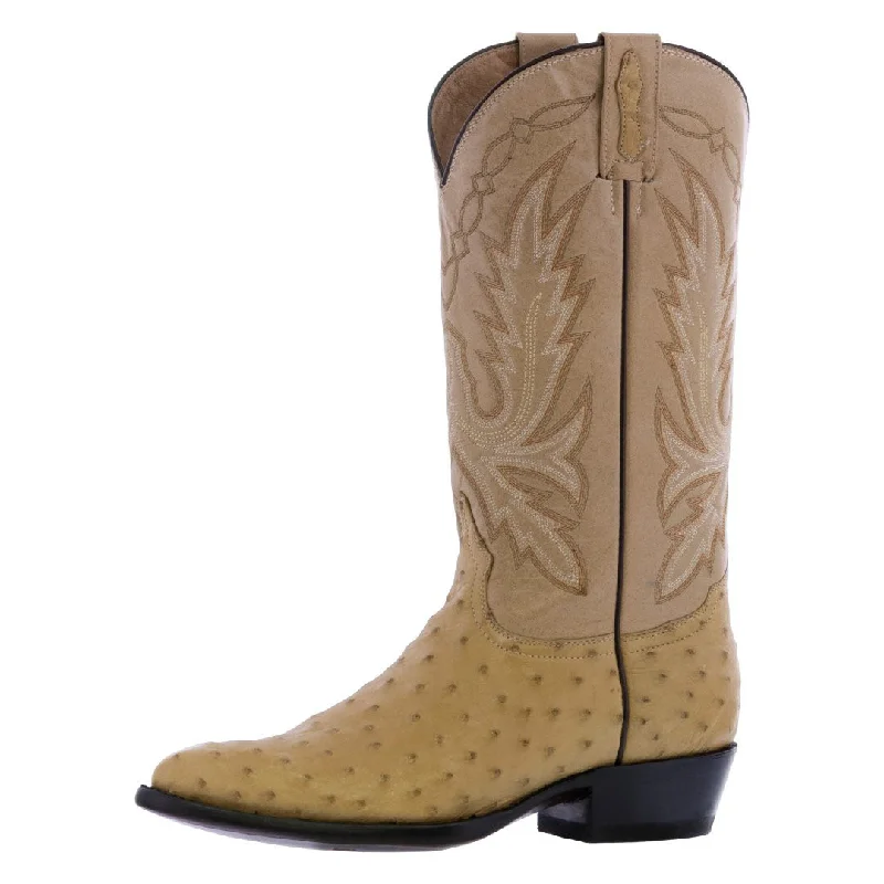 Western - style men's cowboy boots with intricate stitchingMens Sand Ostrich Quill Skin Cowboy Boots - J Toe