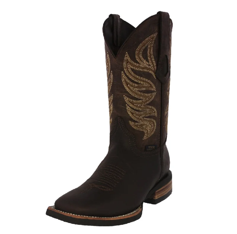 Men's cowboy boots with a tooled leather designMens #300 Brown Western Boots Leather Rubber Sole - Square Toe