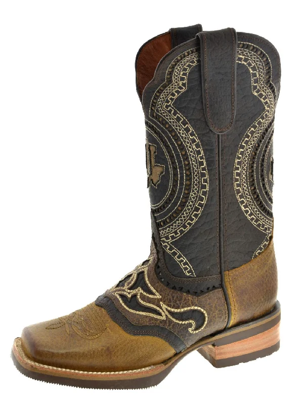 Men's cowboy boots with a leather lining for comfortMens Alabe Honey Brown Overlay Leather Cowboy Boots - Rodeo Toe