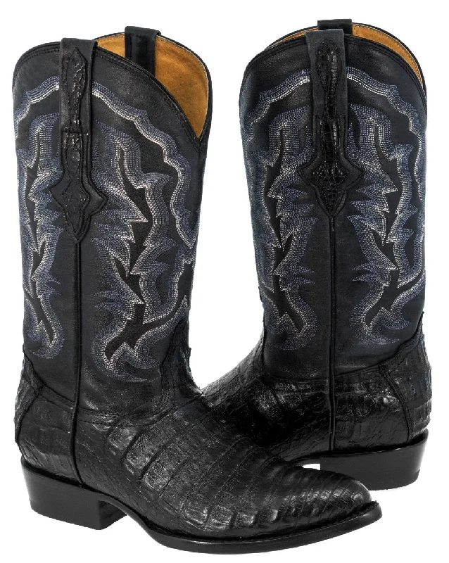 Men's cowboy boots with a tooled leather designMen's Black All Real Crocodile Belly Skin Leather Cowboy Boots J Toe - CP1..