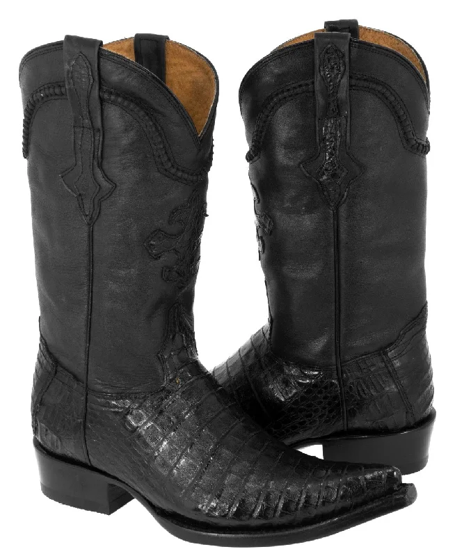 Western - style men's cowboy boots with intricate stitchingMen's Black All Real Crocodile Skin Leather Cowboy Boots Pointed Toe - CP1