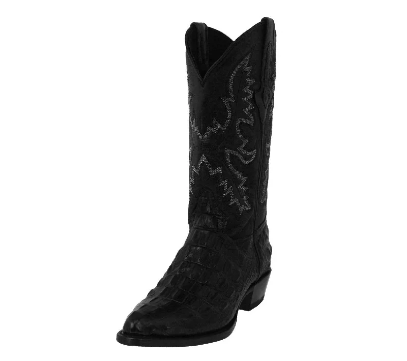 Western - style men's cowboy boots with intricate stitchingMens Black Leather Cowboy Boots Alligator Back Print - J Toe