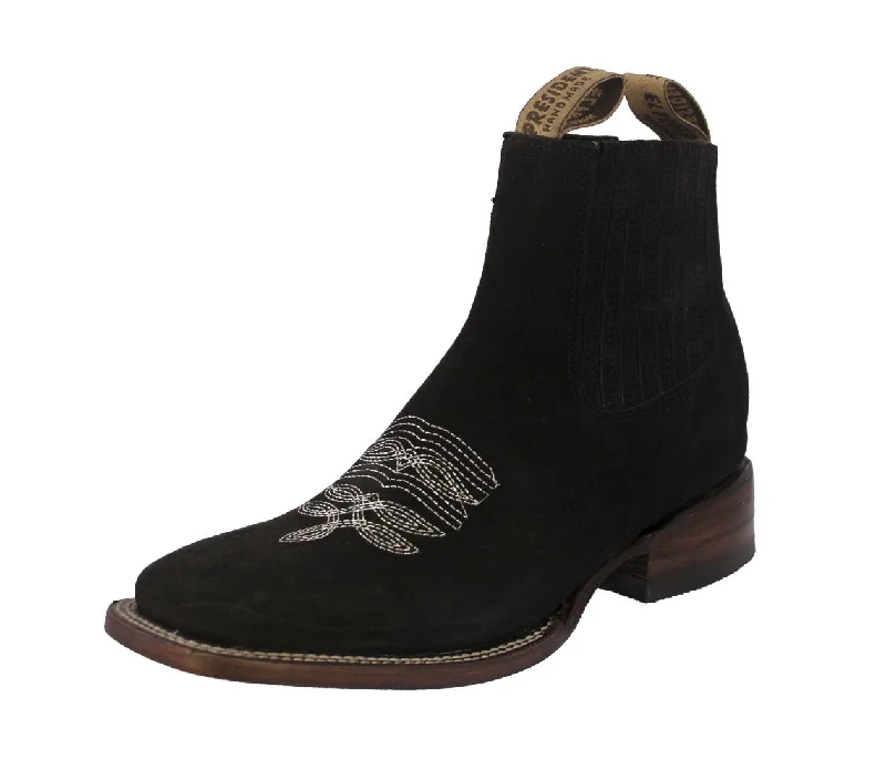 Men's cowboy boots with a concho belt detailMens Black Chelsea Cowboy Boots Nubuck Leather - Square Toe