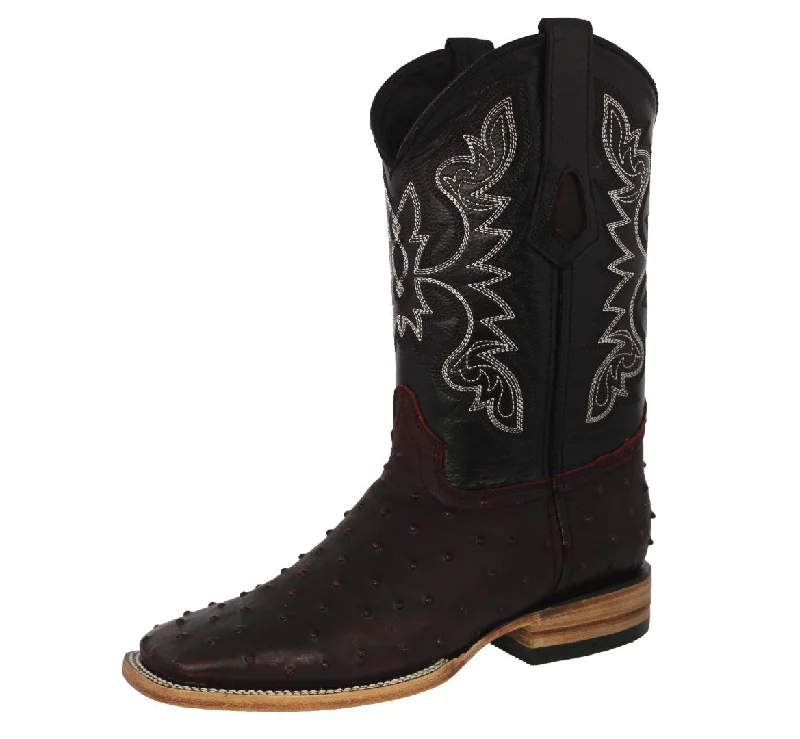 Men's cowboy boots with a spur ledgeMens Black Cherry Cowboy Boots Ostrich Quill Print Leather - Square Toe