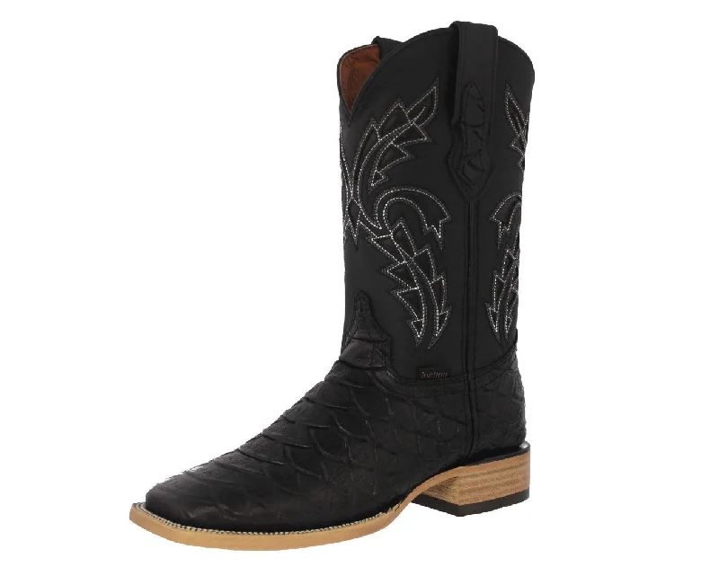 Men's cowboy boots with a pull - on strapMens Black Cowboy Boots Anaconda Print Leather - Square Toe