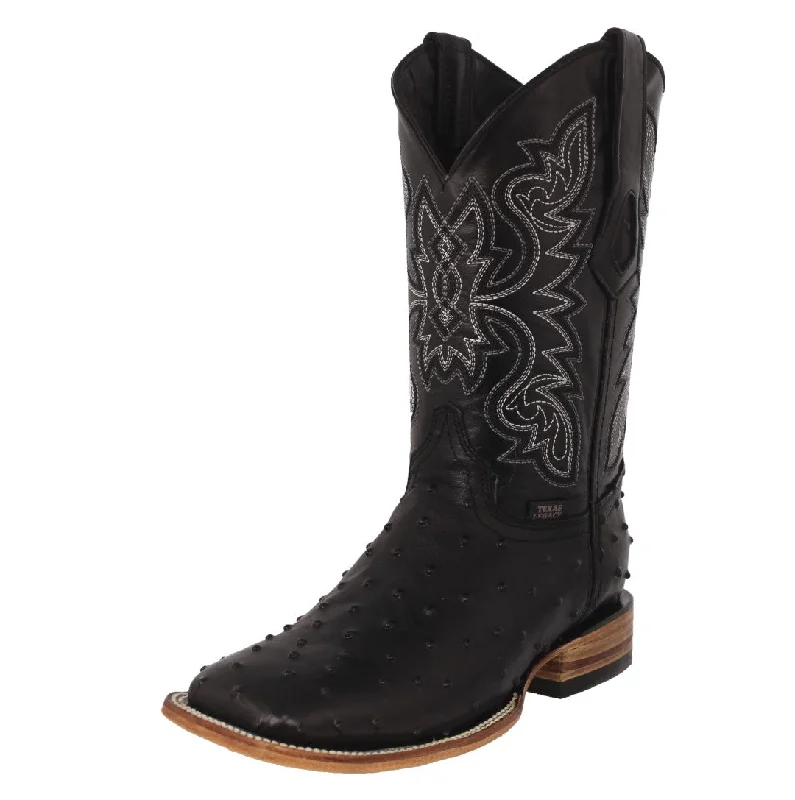 Vintage - style men's cowboy boots with a square toeMens Black Cowboy Boots Ostrich Quill Print Leather - Square Toe