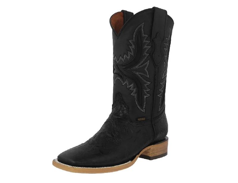 Men's cowboy boots with a tooled leather designMens Black Cowboy Boots Star Hand Toole Leather - Square Toe