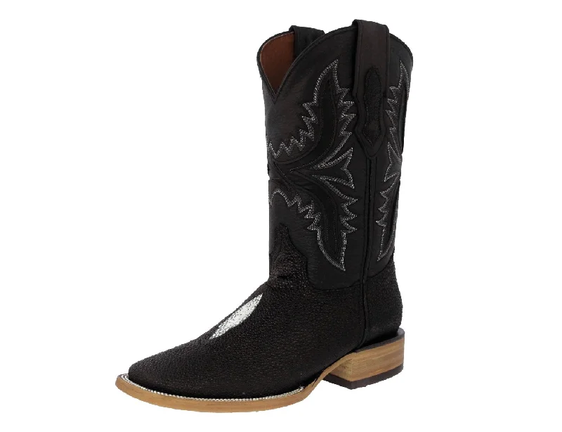 Men's cowboy boots with a high - heeled designMens Black Cowboy Boots Stingray Diamond Stone Print - Square Toe