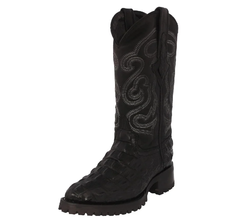 Men's cowboy boots with a leather lining for comfortMens Black Motorcycle Boots Crocodile Back Cut Print - Round Toe