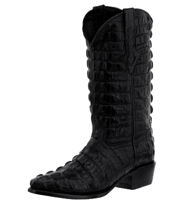 Men's cowboy boots with a silver - toned buckleMens Black Full Crocodile Tail Print Cowboy Boots - J Toe