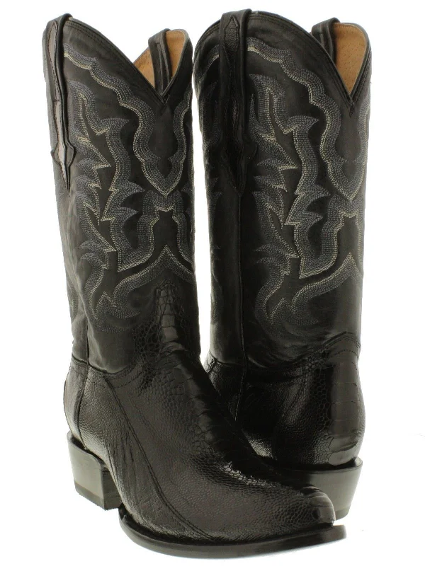 Vintage - style men's cowboy boots with a square toeMen's Black Genuine Ostrich Foot Exotic Skin Cowboy Boots - Round Toe