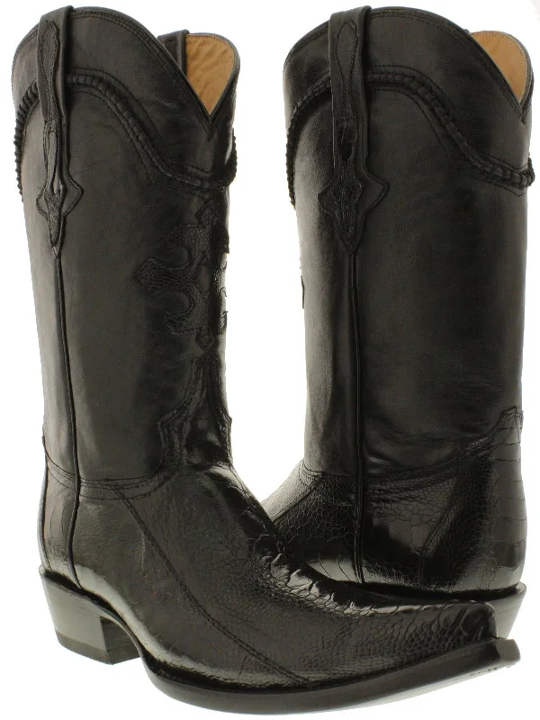 Men's cowboy boots with a scalloped edgeMen's Black Genuine Ostrich Foot Skin Cowboy Boots 3X Toe - CP1