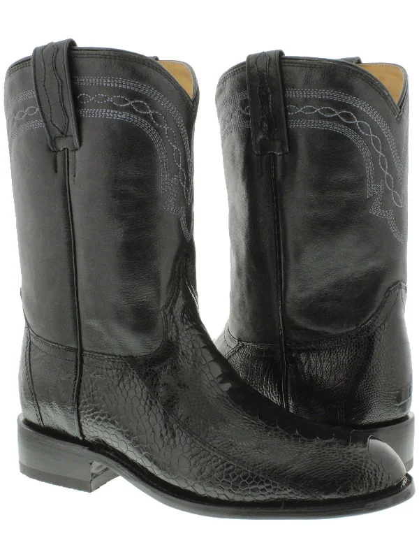 Men's cowboy boots with a silver - toned buckleMen's Black Genuine Ostrich Foot Skin Cowboy Boots Roper Toe - CP1