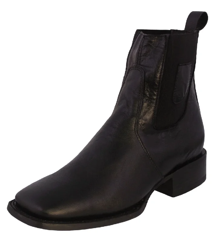 Men's cowboy boots with a snake - skin textureMens Black Leather Chelsea Ankle Boots Western Dress - Square Toe