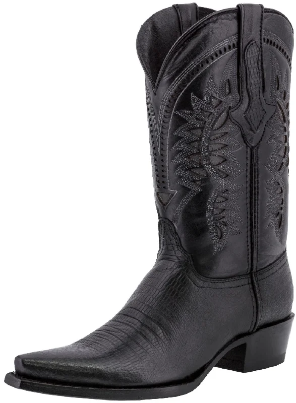 Men's cowboy boots with a leather sole for a classic lookMens Black Teju Lizard Print Leather Cowboy Boots Snip Toe