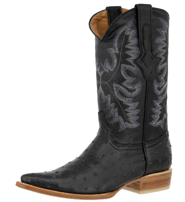 Western - style men's cowboy boots with intricate stitchingMens Black Ostrich Quill Print Leather Cowboy Boots - J Toe