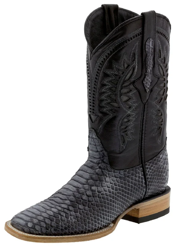 Men's cowboy boots with a heel guardMens Black Gray Snake Print Leather Cowboy Boots - Square Toe