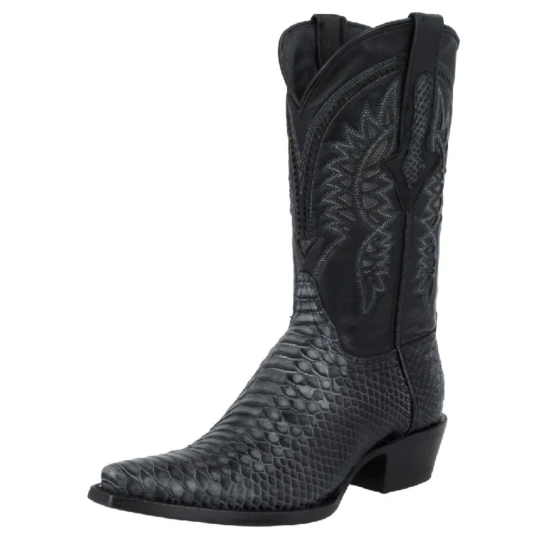 Men's cowboy boots with a distressed leather finishMens Black Gray Snake Print Leather Cowboy Boots - Snip Toe