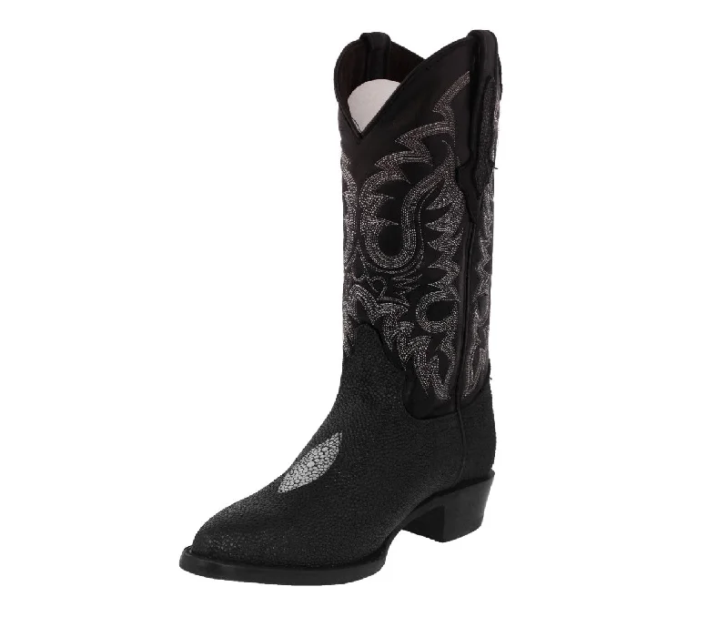 Men's cowboy boots with a distressed leather finishMens Black Stingray White Diamond Print Leather Cowboy Boots J Toe