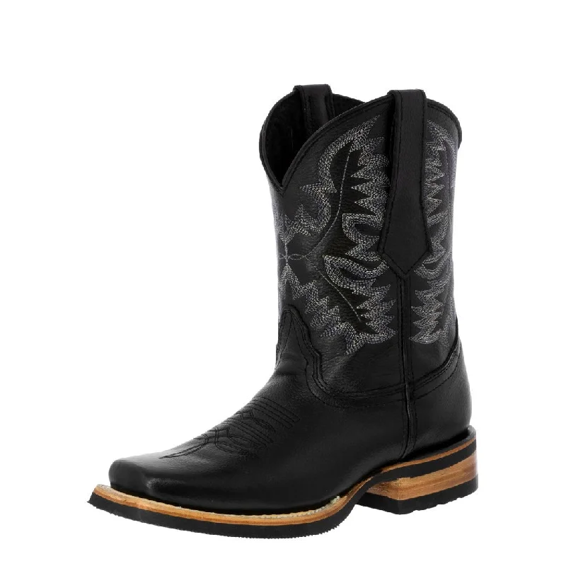 Men's cowboy boots with a scalloped edgeMens Black Western Wear Leather Cowboy Boots - Square Toe