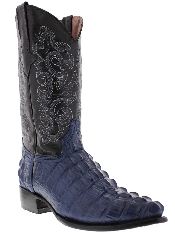 Men's cowboy boots with a rubber sole for tractionMens Blue Alligator Tail Print Leather Cowboy Boots - J Toe