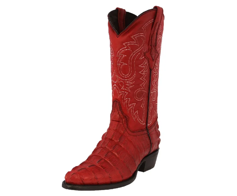 Men's cowboy boots with a decorative inlayMens Blue Alligator Tail Print Leather Cowboy Boots - J Toe