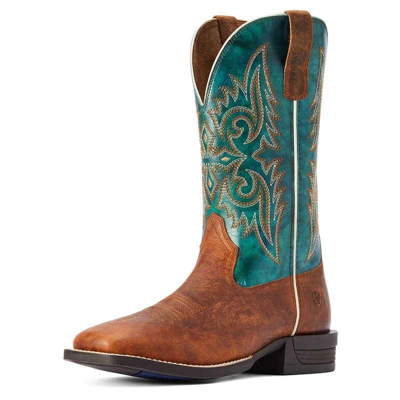 Men's western boots with a leather sole and a heel guardAriat Brown Square Toe Emerald Green Top Men's Boot