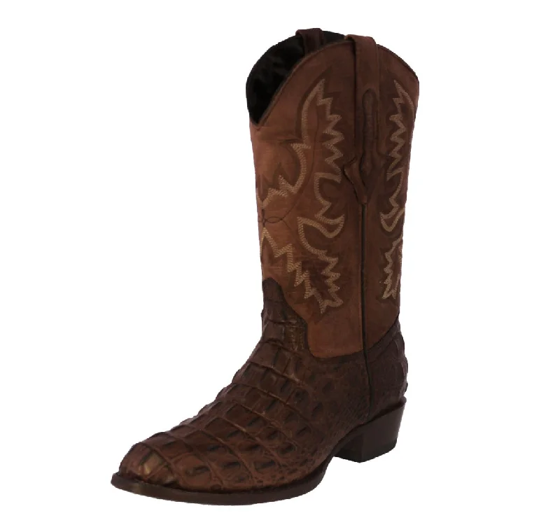 Men's cowboy boots with a decorative inlayMens Brown Leather Cowboy Boots Alligator Back Print - Round Toe