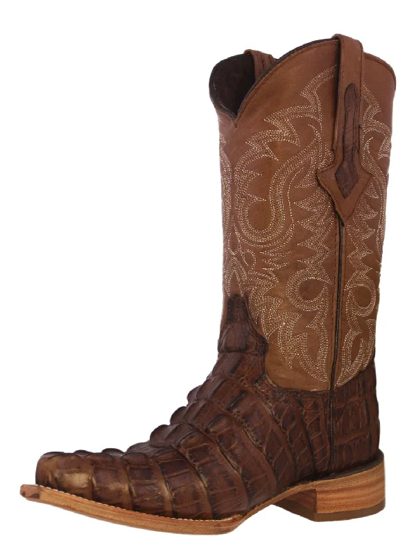 Men's cowboy boots with a rubber sole for tractionMens Brown Alligator Tail Print Leather Cowboy Boots 3X Toe - #130N