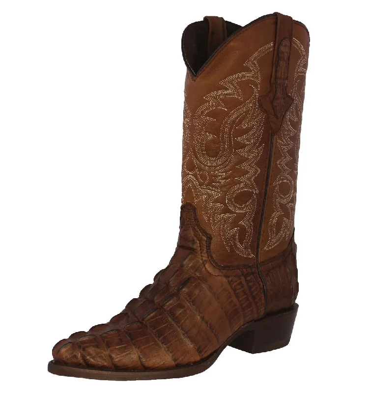 Men's cowboy boots with a rubber sole for tractionMens Brown Alligator Tail Print Leather Cowboy Boots J Toe