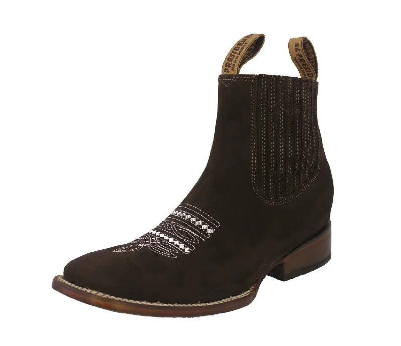 Men's cowboy boots with a high - heeled designMens Brown Chelsea Ankle Boots Nubuck Leather - Square Toe