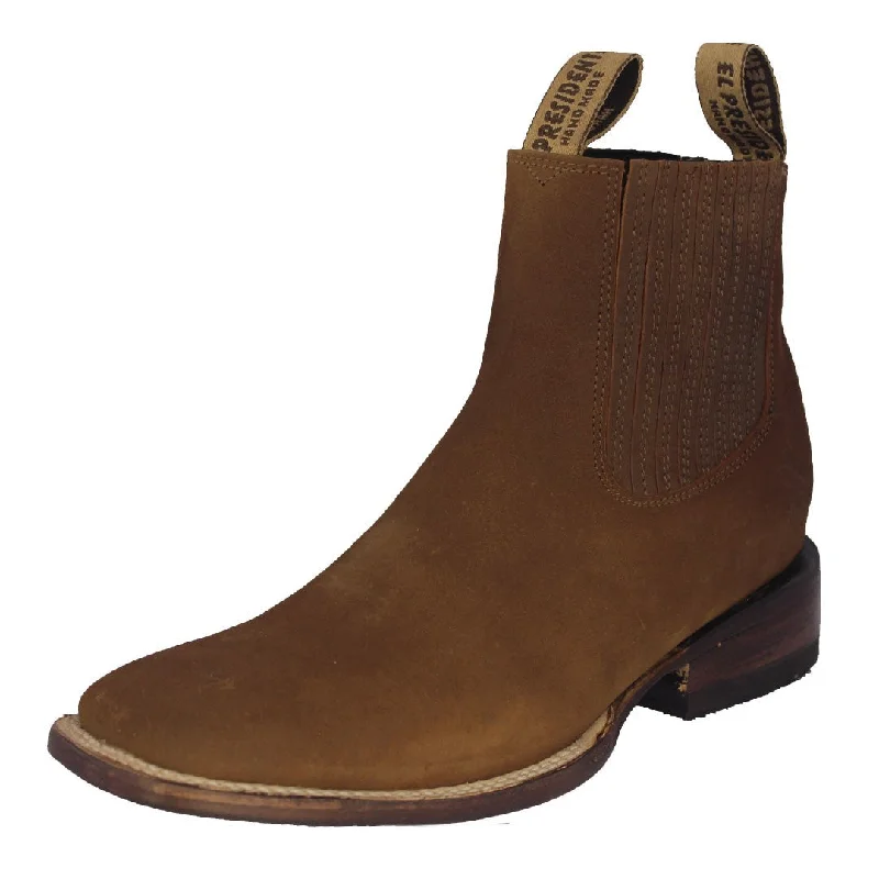 Men's cowboy boots with a decorative inlayMens Brown Chelsea Nubuck Leather Boots - Square Toe