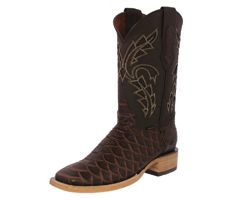 Men's cowboy boots with a tooled leather designMens Brown Cowboy Boots Anaconda Print Leather - Square Toe