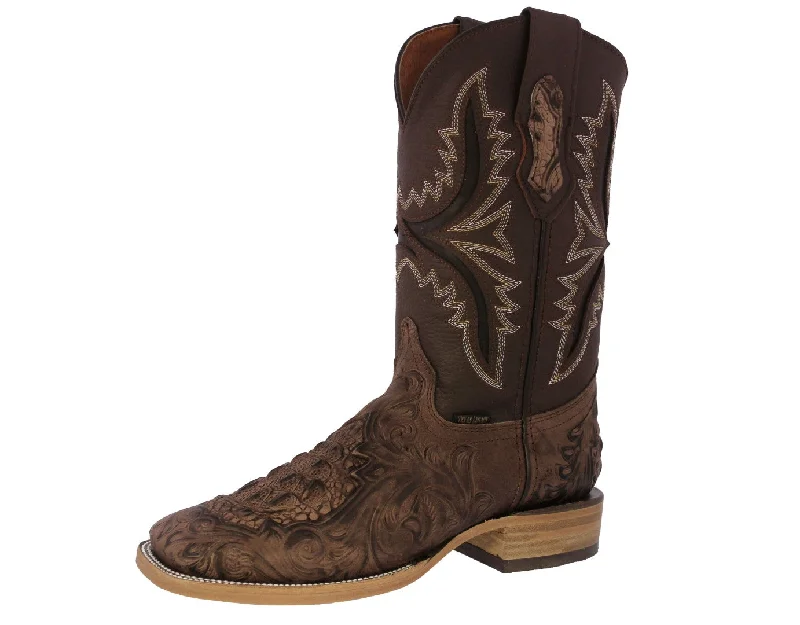 Men's cowboy boots with a rubber sole for tractionMens Brown Cowboy Boots Crocodile Hand Tooled Leather - Square Toe