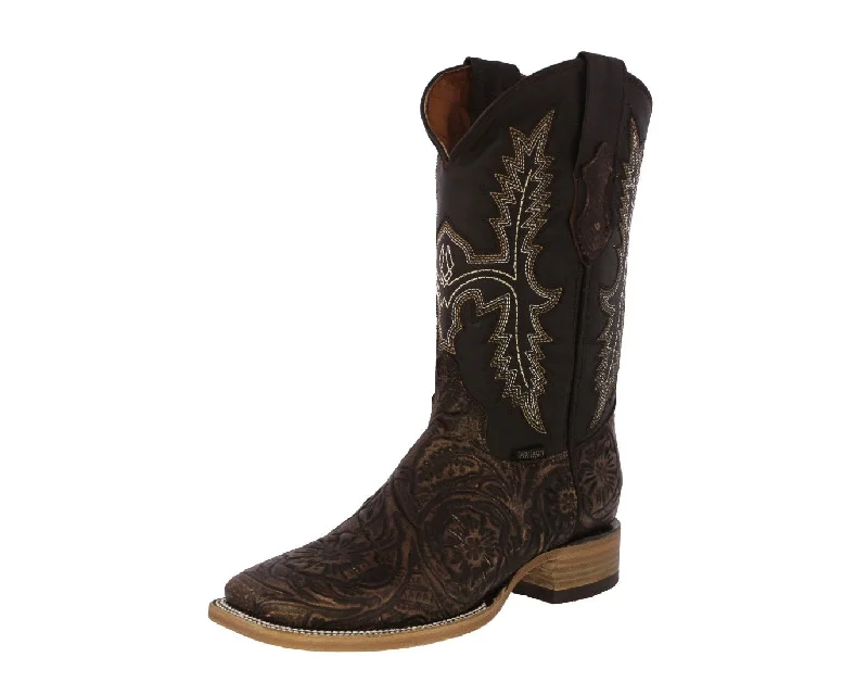 Men's cowboy boots with a scalloped edgeMens Brown Cowboy Boots Floral Hand Toole Leather - Square Toe