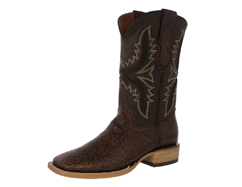 Men's cowboy boots with a concho belt detailMens Brown Cowboy Boots Hand Toole Leather - Square Toe