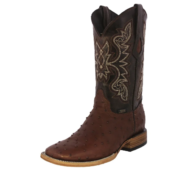 Men's cowboy boots with a snake - skin textureMens Brown Cowboy Boots Ostrich Quill Print Leather - Square Toe