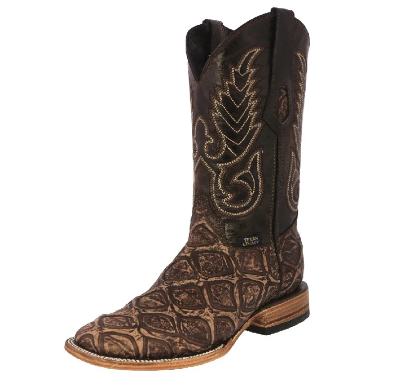 Men's cowboy boots with a heel guardMens Brown Cowboy Boots Pirarucu Fish Print Leather - Square Toe