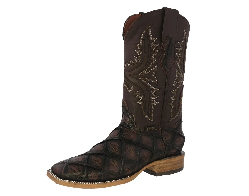 Men's cowboy boots with a rubber sole for tractionMens Brown Cowboy Boots Pirarucu Fish Print - Square Toe