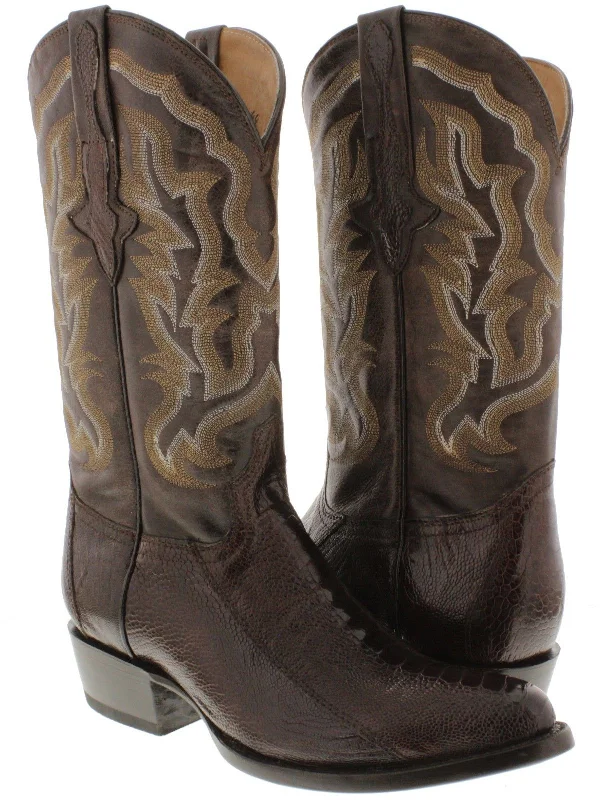 Western - style men's cowboy boots with intricate stitchingMen's Brown Genuine Ostrich Foot Exotic Skin Cowboy Boots - Round Toe