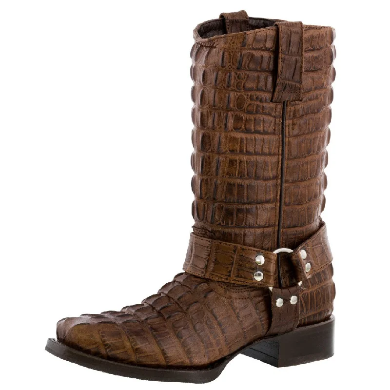 Men's cowboy boots with a leather lining for comfortMens Brown Motorcycle Boots Crocodile Tail Print Leather - Square Toe