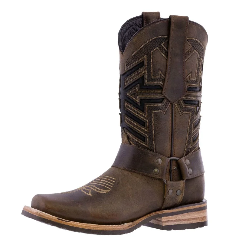 Alligator - print men's cowboy boots for a bold lookMens Brown Motorcycle Leather Boots Harness - Square Toe