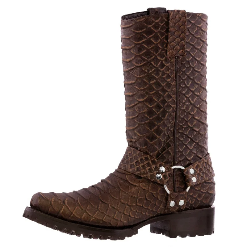 Men's cowboy boots with a tooled leather designMens Brown Motorcycle Leather Boots Snake Print Square Toe