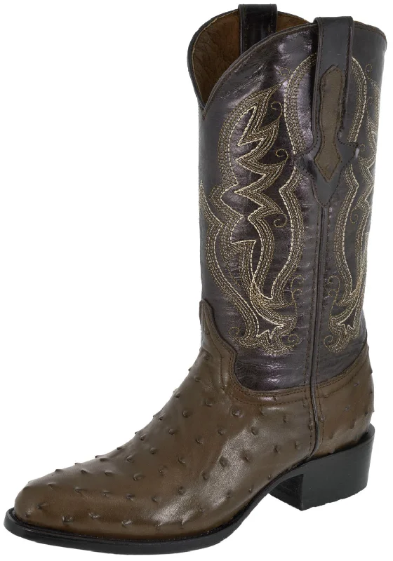 Men's cowboy boots with a distressed leather finishMens Brown Ostrich Print Leather Cowboy Boots - Round Toe