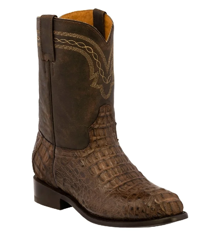 Men's cowboy boots with a pull - on strapMens Brown Real Crocodile Hornback Skin Cowboy Boots Roper Toe - #140G